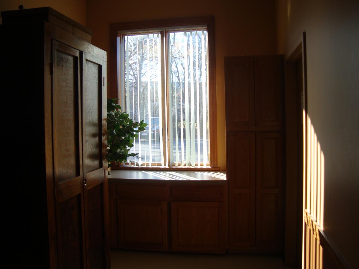 wooden cabinet and a plant next to a window